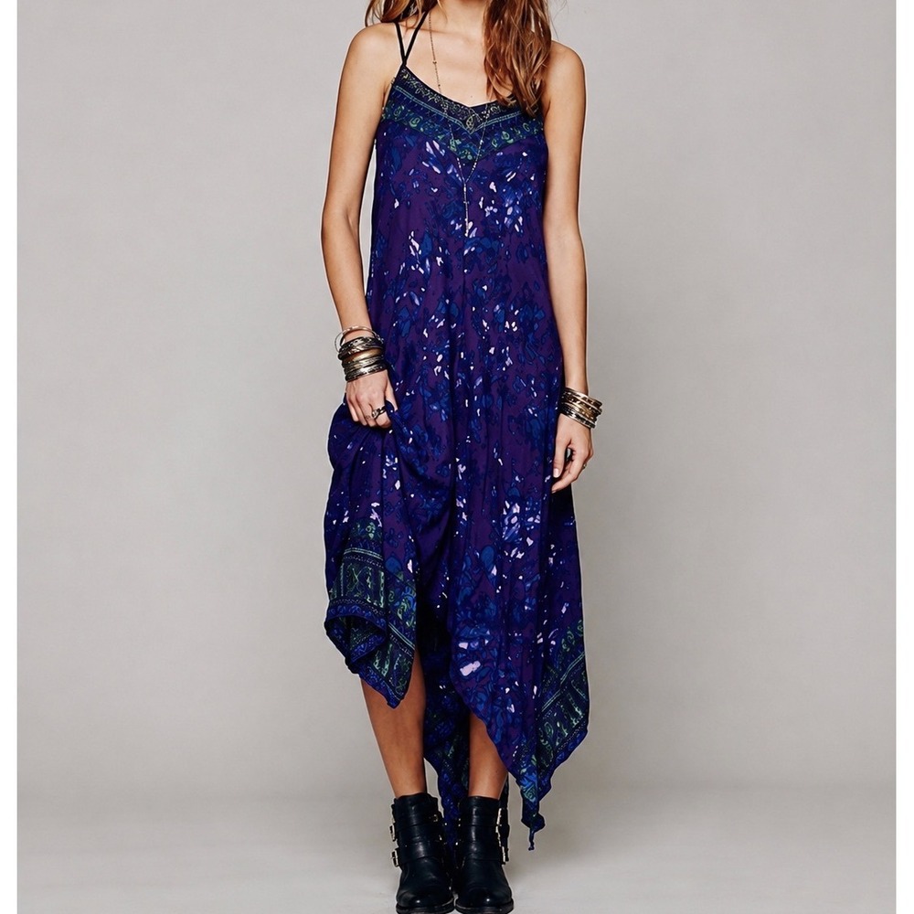 Free People One Sacred Valley Scarf Dress Purple Blue Beaded Handkerchief Hem S